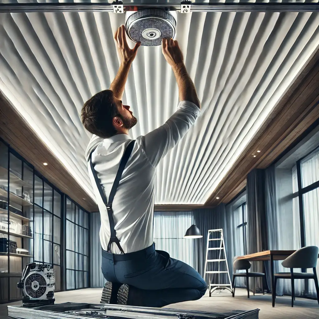 Professional installing a stretch ceiling